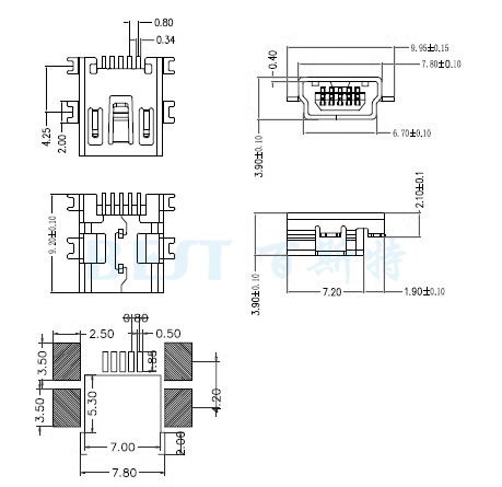 USB插座MIN USB-5P沉闆長體