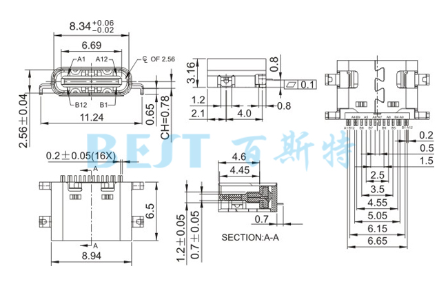 USB插座USB-C-08 16PIN沉闆參考圖紙